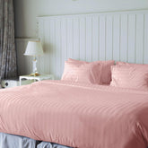 Stripe Cotton Fitted King Bedsheet With 2 Pillow Covers - 72x78 Inches, Pink | 12"Deep Pocket-1 Elastic Fitted-Sateen Weave Premium Bedding Set For Double Bed