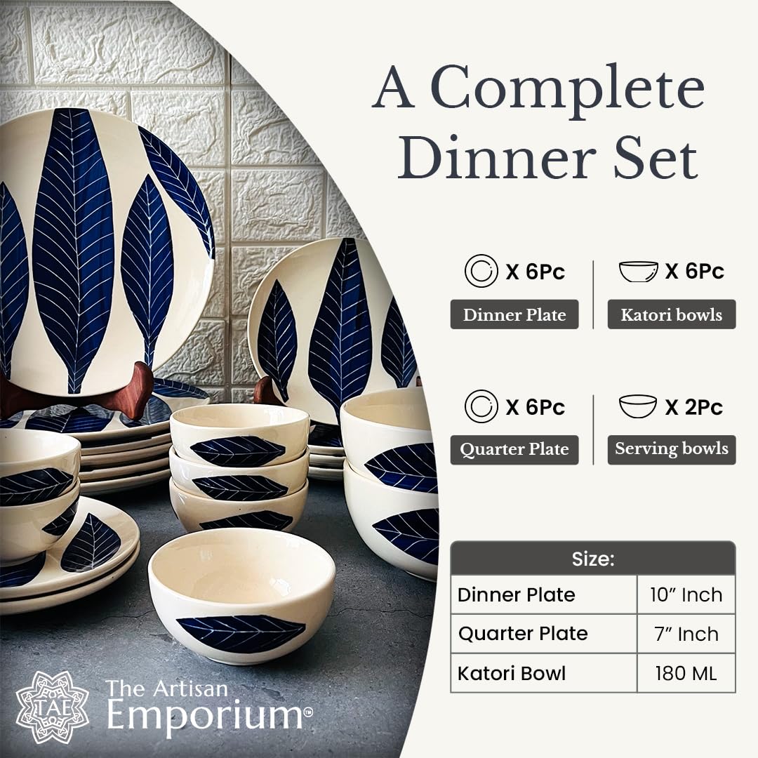 Patram Hand Painted Ceramic Dinner Set Of 20 Pieces With Serving Bowls - White & Blue | 6 Dinner Plates + 6 Side Plates+ 6 Katori Bowls, 180ml Each + 2 Serving Bowls, 800ml Each | Serving For 6 Patram Hand Painted Ceramic Dinner Set Of 20 Pieces With Serving Bowls - White & Blue | 6 Dinner Plates + 6 Side Plates+ 6 Katori Bowls, 180ml Each + 2 Serving Bowls, 800ml Each | Serving For 6