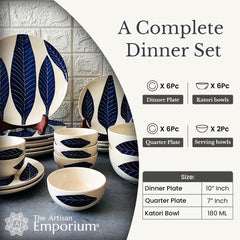 Patram Hand Painted Ceramic Dinner Set Of 20 Pieces With Serving Bowls - White & Blue | 6 Dinner Plates + 6 Side Plates+ 6 Katori Bowls, 180ml Each + 2 Serving Bowls, 800ml Each | Serving For 6