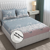 1 Elastic Fitted Bedsheet For King Size & 2 Pillow Covers - 78 X 72 Inches, Pink & Grey | Elegant Floral Print Design & Skin-Friendly
