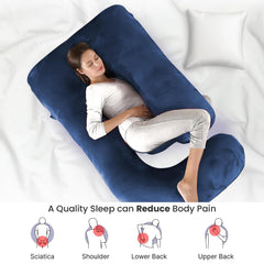 J Shape Full Body Pillow, Pregnancy Pillows For Sleeping, Dark Blue Color | Maternity Pillows For Back, Hips, Legs, Belly | For Pregnant Women With Removable, Washable Blue Velvet Cover