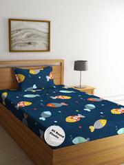Kids 1 Single Bedsheet With 1 Pillow Covers - 42 X 75 X 8 Inches, Navy Blue | Cotton Feel All Around Elastic Fitted Bedsheet - Suitable For Children Room Breathable & Wrinkle Free