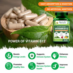 Agniveda Plant Based Vitamin B12 For Men & Women , Natural Formulation For Vegetarians & Vegans To Support Nervous System & Brain Function | 60 Capsules , 100gm 0.2lbs
