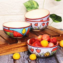 Exotic Panorama Hand Painted Ceramic Dining Bowl Katoris - 4 Pieces, 180ml Each, Multicolor | Ceramic Bowls - Serving Bowls For Dinner, Snacks & Dessert - Microwave Safe