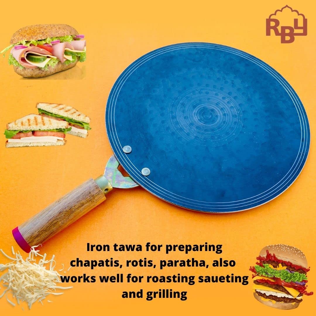 Black Iron Handmade Flat Hammered Tawa With Wooden Handle 11 Inch - Loha Tawa For Chapati, Roti Paratha, Egg Omelette, Bhakari, Roasting, Sauteing, Grilling Black Iron Handmade Flat Hammered Tawa With Wooden Handle 11 Inch - Loha Tawa For Chapati, Roti Paratha, Egg Omelette, Bhakari, Roasting, Sauteing, Grilling