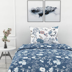 Cotton Bedsheet For Single Bed With 1 Pillow Cover - 54 X 84 Inches, Blush Blue & White | Soft Touch Cotton Fabric-Comfortable & Durable | Elegant Printed Bedding Set For Daily Use