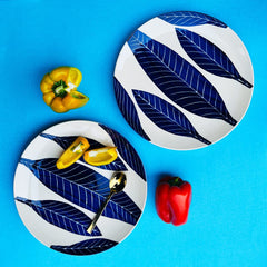 Patram Ceramic Dinner Plates Set Of 4, White & Blue - 10 Inches, 4 Pieces | Hand Painted Full Ceramic Plates For Dinner - Microwave Safe & Dishwasher Safe