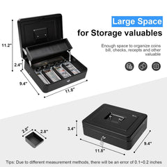 Cash Box With Lock & 2 Keys, Metal Money Box With Cash Tray, Portable Lock Safe Box, 4 Bill, 5 Coin Slots, Large Cash Boxes With Money Tray For Small Business 11.8 X 9.5 X 3.5 Inch, Colour - Black