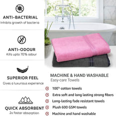 Lukzer Soft 100% Cotton Light Weight Super Absorbant Bath Towel 1200 Gsm (Steel Grey & Pink) - 2 Pcs