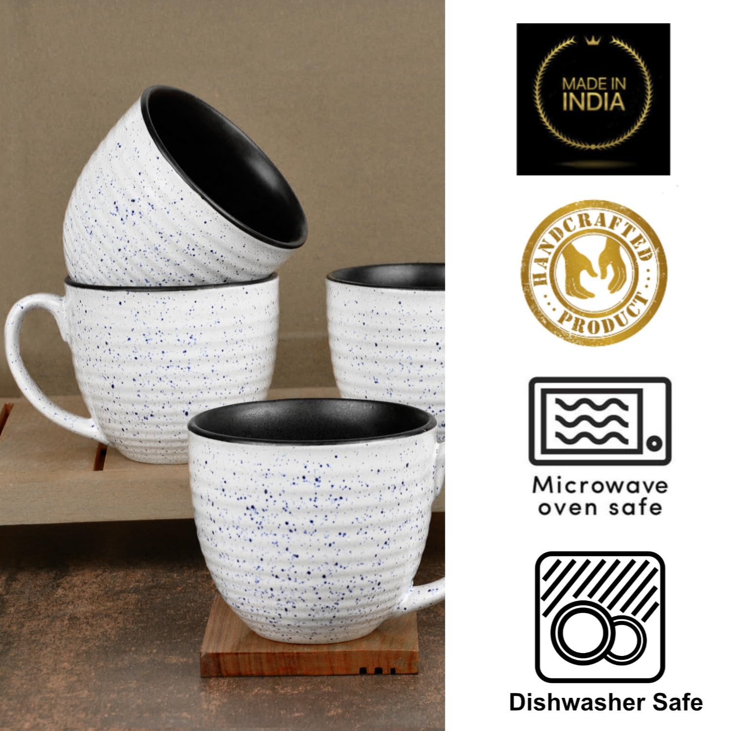 Studio Pottery Ceramic Speckled Soup Cups With Handle Set Of 4 - 350ml Each, Off White & Blue | Maggi Bowls - Cereal Bowls Studio Pottery Ceramic Speckled Soup Cups With Handle Set Of 4 - 350ml Each, Off White & Blue | Maggi Bowls - Cereal Bowls