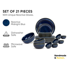Ceramic Dinner Set Of 21 Pcs, Blue Green | Crockery Set, Dining Sets Crockery Items - 6 Dinner Plates+ 6 Quarter Plates+ 6 Veg Bowls, 180ml Each+ 2 Medium Bowls, 1000ml Each+ 1 Large Bowl, 1500ml