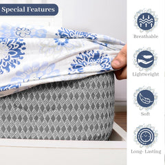 Double Bedsheet For Queen Size With 2 Pillow Covers - 60 X 78 Inches, Blue & Grey | All Around Elastic Fitted Soft, Lightweight & Breathable Cotton Bedsheet