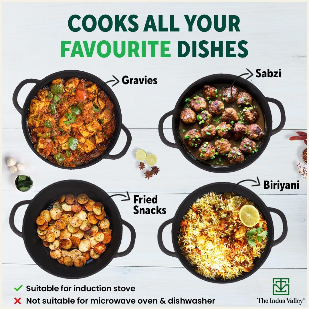 Pre-Seasoned Cast Iron Cookware Set - Kadai 25.4cm, 2.3 Liters + Tawa 25.5cm | Kitchen Cooking Combo Pots & Pans Set Of 2 Pcs - Naturally Nonstick Pre-Seasoned Cast Iron Cookware Set - Kadai 25.4cm, 2.3 Liters + Tawa 25.5cm | Kitchen Cooking Combo Pots & Pans Set Of 2 Pcs - Naturally Nonstick