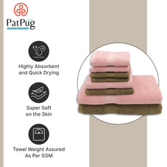 Patpug 100% Indian Cotton Plush Towel Set 2000 Gsm | Highly Absorbent, Fade Resistant, Quick Drying 2 Bath, 2 Hand & 4 Face Towel (Sepia Brown & Baby Pink) - 8 Piece