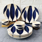 Patram Hand Painted Ceramic Dinner Set - 12 Pieces, White & Blue | 6 Dinner Plates + 6 Katori Bowls, 180ml Each Dinnerware Set | Serving For 6, Microwave Safe