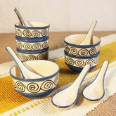 Blue Swirl Hand Painted Handled Ceramic Soup Bowls With Spoons Set Of 6 - 220ml Each | Serving Bowls With Matching Spoons | Ceramic Soup Cups - 6 Pieces, Microwave Safe & Dishwasher Safe