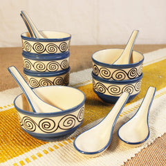 Blue Swirl Hand Painted Handled Ceramic Soup Bowls With Spoons Set Of 6 - 220ml Each | Serving Bowls With Matching Spoons | Ceramic Soup Cups - 6 Pieces, Microwave Safe & Dishwasher Safe