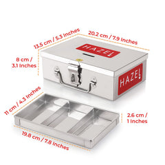Stainless Steel Cash Box For Shop Counter Drawer, Locking Metal Box For Cash With 4 Compartments For Adults, Small, Colour - Silver, Special Feature - Durable