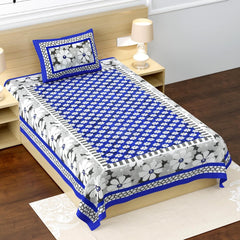 100% Cotton Single Bed Sheet With 1 Pillow Cover - 56 X 86 Inches, Grey & Blue | Super Soft Microfiber, Breathable Wrinkle, Fade Resistant