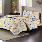 Cotton King Size Double Bedsheet 1 AC Comforter & 2 Pillow Covers | 90 X 100 Inches, Almond & Blue - Perfect Gift Set Wedding, Anniversary | 4 Pc Bedding Set