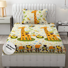 Kids 1 Single Bedsheet With 1 Pillow Covers - 42 X 75 X 8 Inches, Yellow | Cotton Feel All Around Elastic Fitted Bedsheet - Suitable For Children Room Breathable & Wrinkle Free