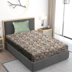 Print Cotton 1 Single Bedsheet With 1 Pillow Cover - 60 X 90 Inches, Cream & Green | Soft & Breathable Fabric, Skin-Friendly Bed Sheet For All Seasons