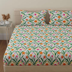 Double Bedsheet For King Size With 2 Pillow Covers - 108 X 108 Inches, Green & Yellow | Beautiful Print For Luxury Bedsheets