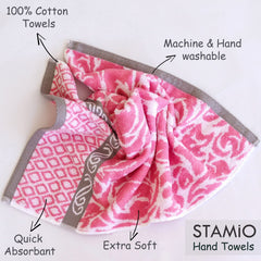 Stamio Cotton Hand Towels 490 Gsm | Towel For Men & Women Home Kitchen Use, Gym, Wash Basin, Sports, Travel | Jacquard Towel Pink (Set Of 4)