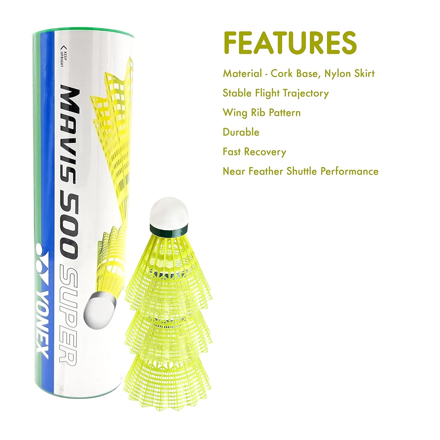 Yonex MAVIS 500 SUPER Nylon Badminton Shuttlecocks Pack Of 6, Colour - Yellow Yonex MAVIS 500 SUPER Nylon Badminton Shuttlecocks Pack Of 6, Colour - Yellow