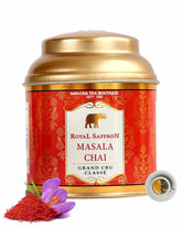 San-Cha Tea Boutique Royal Saffron Masala Chai - 50gm, 1.7 Ounce | Blend Of Real Kashmir Saffron With Cardamom - Ginger & Cinnamon Kesar Chai | Medium Caffeine