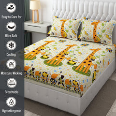 Wrinkle Free Soft Kids Double Bedsheets For King Size With 2 Pillow Cover | 90 X 95 Inches, Yellow | Cartoon Printed Design | Child Bedroom Decor