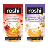 Roshi Ginger Hibiscus Digestive Delight Tea + Chamomile Tulsi Inner Calm Tea Combo - Pack Of 2 X 25 Tea Bags | 100% Natural Ingredients - Caffeine Free