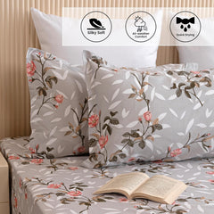 Cotton Bedsheets For Double Bed With 2 Pillow Covers - 90 X 100 Inches, Grey & Peach | Luxurious Printed Bed Sheets | Comfort Fabric Home