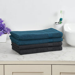Fresh From Loom Luxury Fur Collection Hand Towel 500 Gsm Napkins Cotton High Absorbency Double Stitched Size (Black & Denim) - Set Of 4