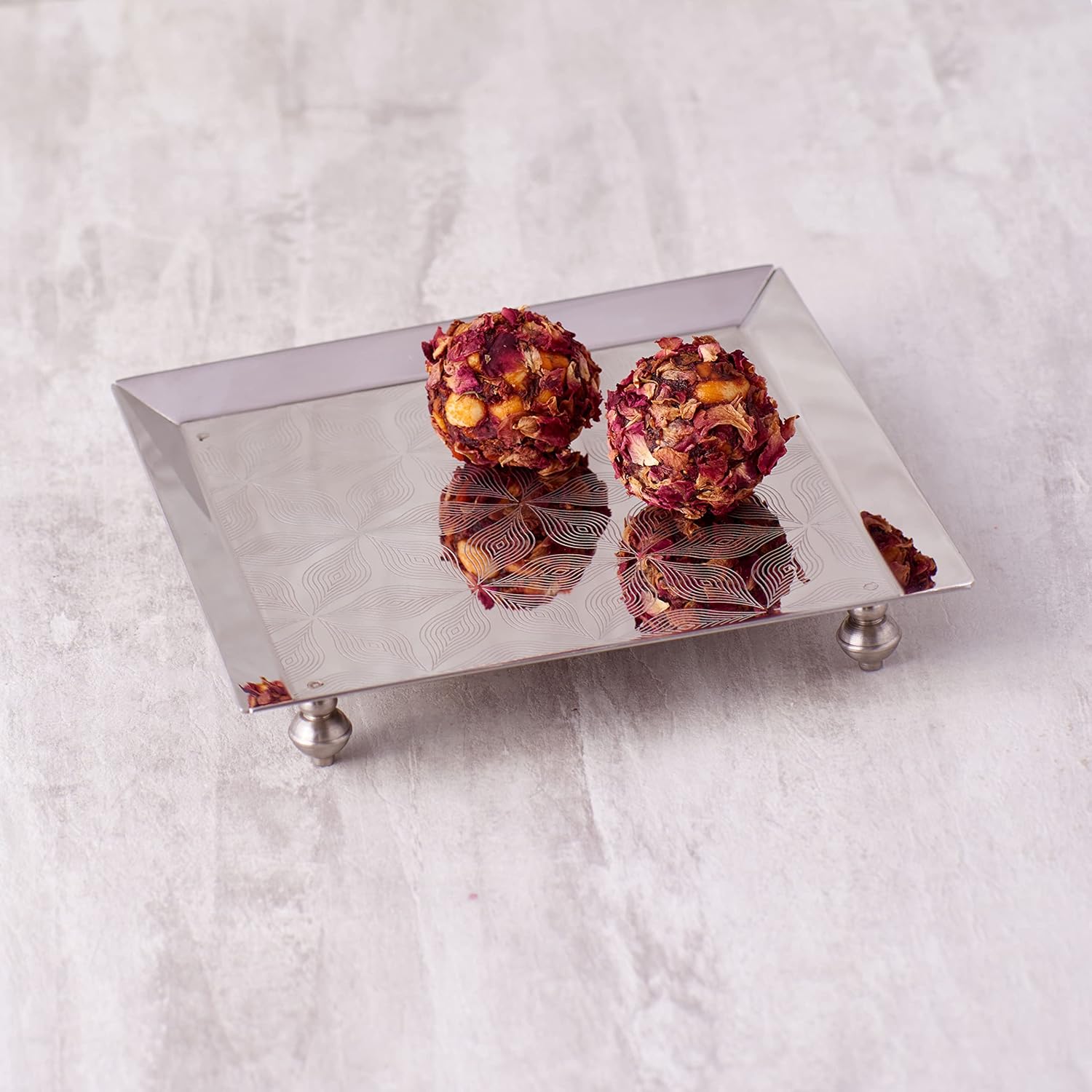 Designer Chrome Stainless Steel Square Platters With Legs - Large | Serving Tray For Food Dessert Fruit Coffee Tea - Square Engraved Pattern Designer Chrome Stainless Steel Square Platters With Legs - Large | Serving Tray For Food Dessert Fruit Coffee Tea - Square Engraved Pattern