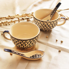 Mermaid Tales Hand Painted Handled Ceramic Soup Bowls With Spoons Set Of 2 - 300ml Each | Serving Bowls With Matching Spoons | Ceramic Soup Cups - 2 Pieces, Microwave Safe & Dishwasher Safe