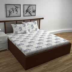 100% Pure Cotton Double Bedsheet For Queen With 2 Pillow Covers - 87 X 100 Inches, Grey & Blue | Soft & Durable For Everyday Use & Bedroom - All Season Comfort