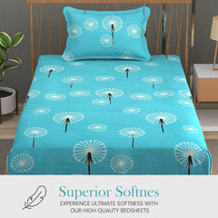 Soft Cotton Single Size Bedsheet With 1 Pillow Cover | 60 X 90 Inches, Sky Blue | Anti-Fade Printed Design | 200 Thread Count