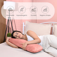 Memory Foam Half Body Pillow, For Sleeping & Hugging, Pregnancy, Peach - 30 X 10 X 5 Inches | Long Cuddle Pillow Suitable For Side Sleepers & Back Support | Velvet Cover, Bed Pillow