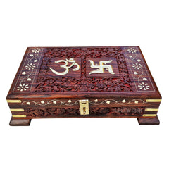 Wooden Om Box For Good Luck Jewellery Box, Decorative Case, Kit| Vanity, Organiser For Women, Necklaces, Cash, Gold 11 X 7 Homely Plain, Colour - Brown