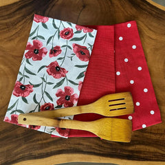 Oak & Lily 100% Cotton Kitchen Napkins Dish Towels 350 Gsm | Premium European Quality Washable, Large Size Kitchen Cloth For Roti, Cleaning, Drying | Red Poppy Print (Set Of 3)