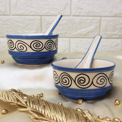 Blue Swirl Hand Painted Handled Ceramic Soup Bowls With Spoons Set Of 2 - 300ml Each | Serving Bowls With Matching Spoons | Ceramic Soup Cups - 2 Pieces, Microwave Safe & Dishwasher Safe