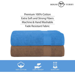 House Of Terry 100% Cotton Bath Towel 1000 Gsm | Quick Dry, Soft & Absorbent, Fade-Resistant, Skin-Friendly Large Size Towel (Brown & Blue) - Pack Of 2