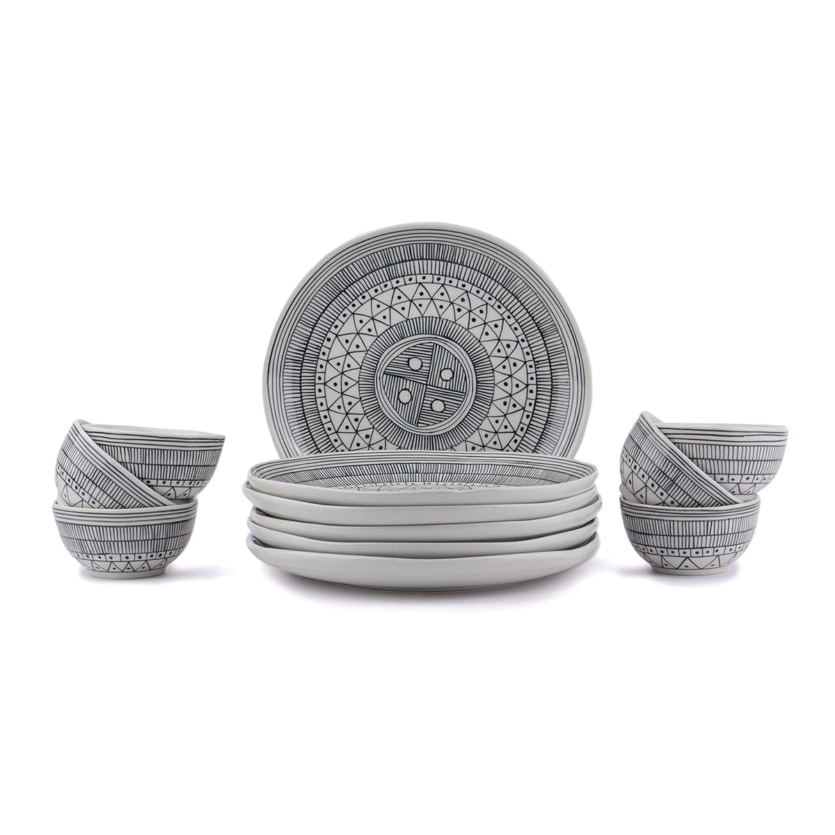 Ceramic Dinner Set Of 12 Pcs, Ivory | Crockery Set For Dining Table - Dining Sets Crockery Items | Glossy Finish Premium Stoneware - 6 Dinner Plates+ 6 Veg Bowls, 180ml Each