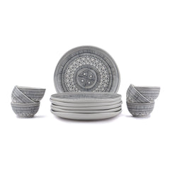 Ceramic Dinner Set Of 12 Pcs, Ivory | Crockery Set For Dining Table - Dining Sets Crockery Items | Glossy Finish Premium Stoneware - 6 Dinner Plates+ 6 Veg Bowls, 180ml Each