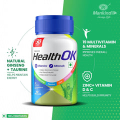 Mankind's Health Ok Multivitamin With Natural Ginseng & Taurine Power Lemon Flavour , 100% Vegetarian | 30 Tablets 50gm 0.2lbs , Each Pack Of 2