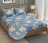 1 Elastic Fitted Bedsheet For King Size & 2 Pillow Covers - 78 X 72 Inches, Grey & Mustard | Elegant Floral Print Design & Skin-Friendly