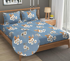 1 Elastic Fitted Bedsheet For King Size & 2 Pillow Covers - 78 X 72 Inches, Grey & Mustard | Elegant Floral Print Design & Skin-Friendly