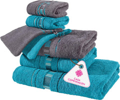 Casa Copenhagen Egyptian Design 2 Bath + 2 Hand & 2 Face Towels 1800 Gsm | He & She X Line Collection 100% Cotton 6 Piece Towel Set - Grey & Teal