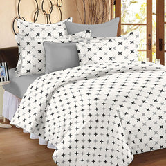 King Size Bedsheet With 2 Pillow Cover + Pillowcase Set (2 Pcs) | 110 X 108 Inches, White & Grey | Breathable & Wrinkle Free Bedsheet